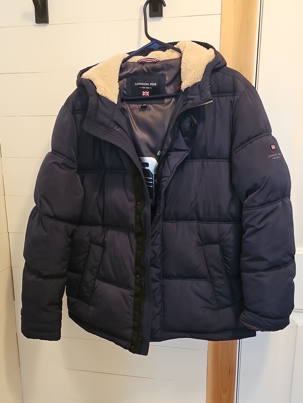 London Fog Men's Navy Quilted Puffer with Sherpa Hood